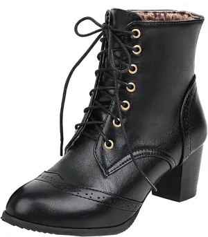 Uniquelly Womens Wingtip Booties Chunky Heel Ankle Boots Lace Up Round Toe Vintage Comfortable Winter Shoes