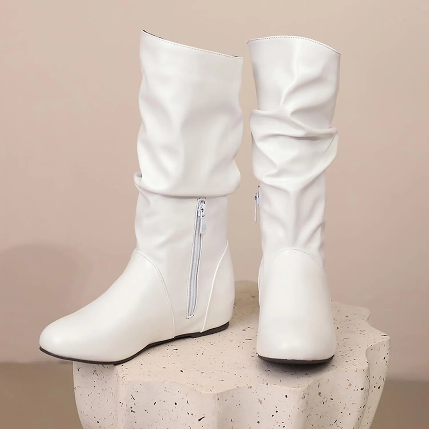 US 5-13.5 Oversize Women Slouch Mid Calf Flat Boots Wedge Low Heel Renaissance Comfort Casual Boots Pull On