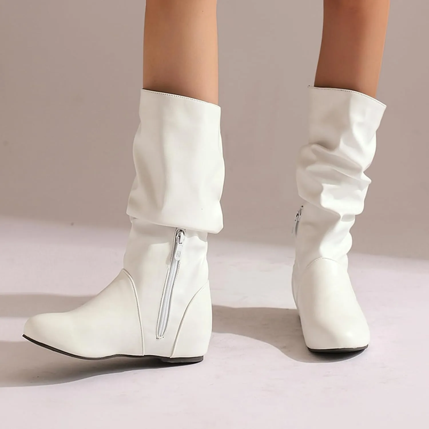 US 5-13.5 Oversize Women Slouch Mid Calf Flat Boots Wedge Low Heel Renaissance Comfort Casual Boots Pull On