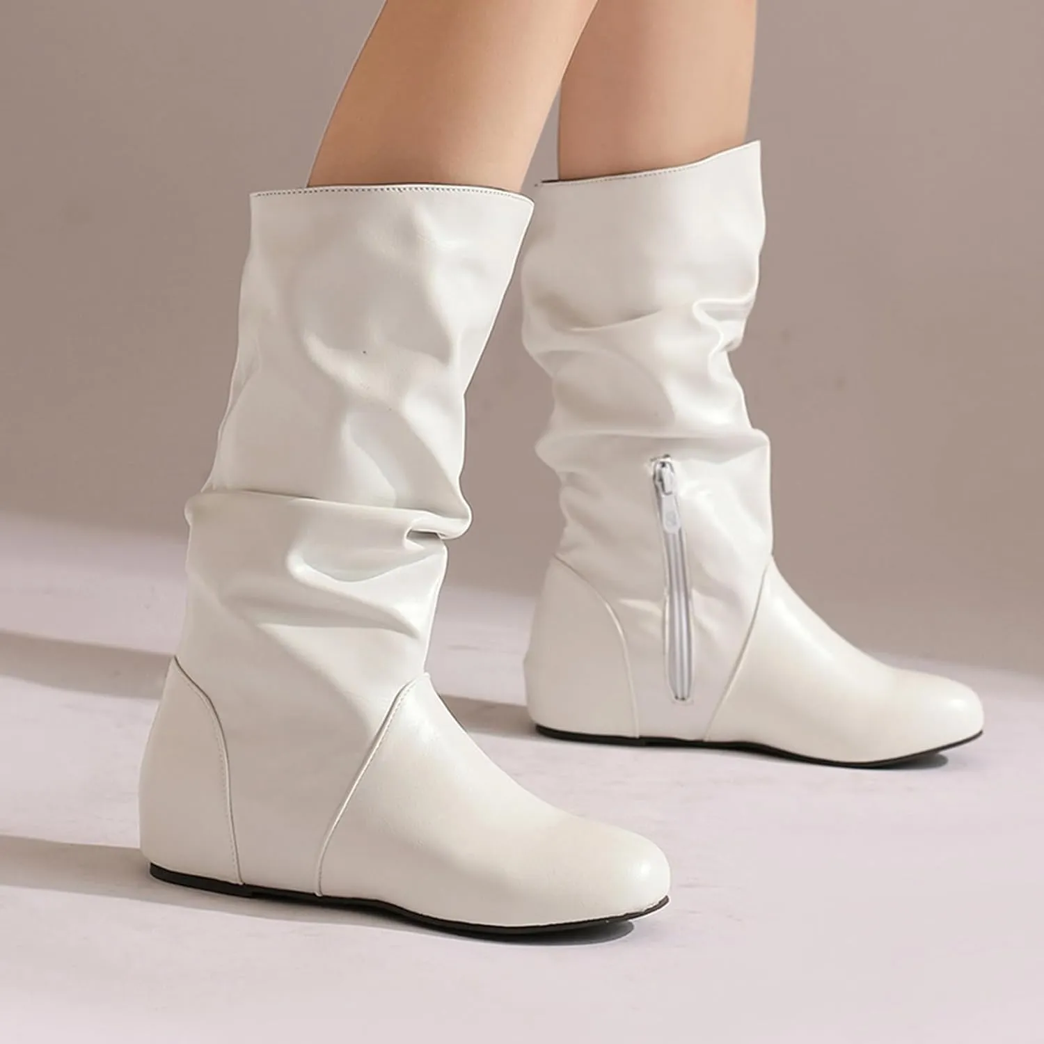 US 5-13.5 Oversize Women Slouch Mid Calf Flat Boots Wedge Low Heel Renaissance Comfort Casual Boots Pull On