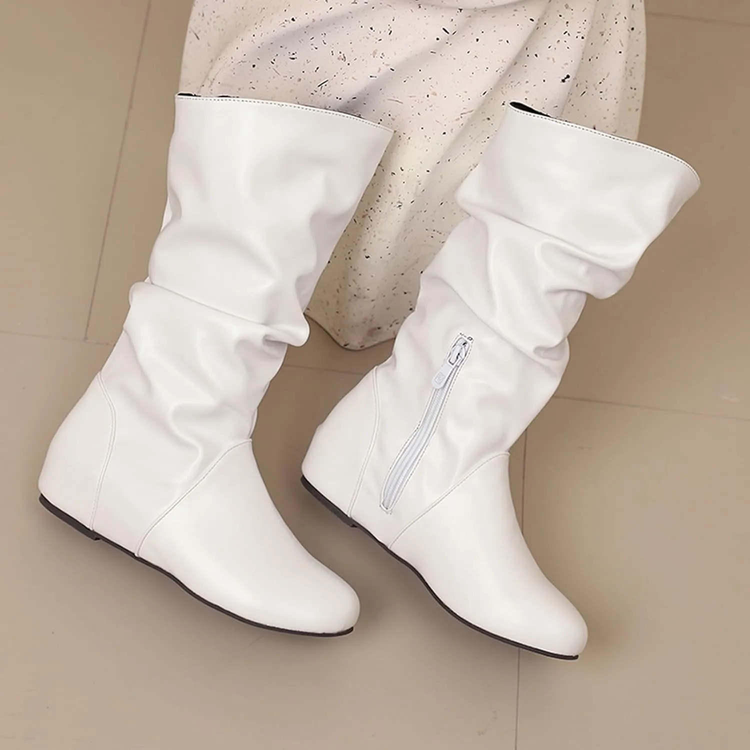 US 5-13.5 Oversize Women Slouch Mid Calf Flat Boots Wedge Low Heel Renaissance Comfort Casual Boots Pull On