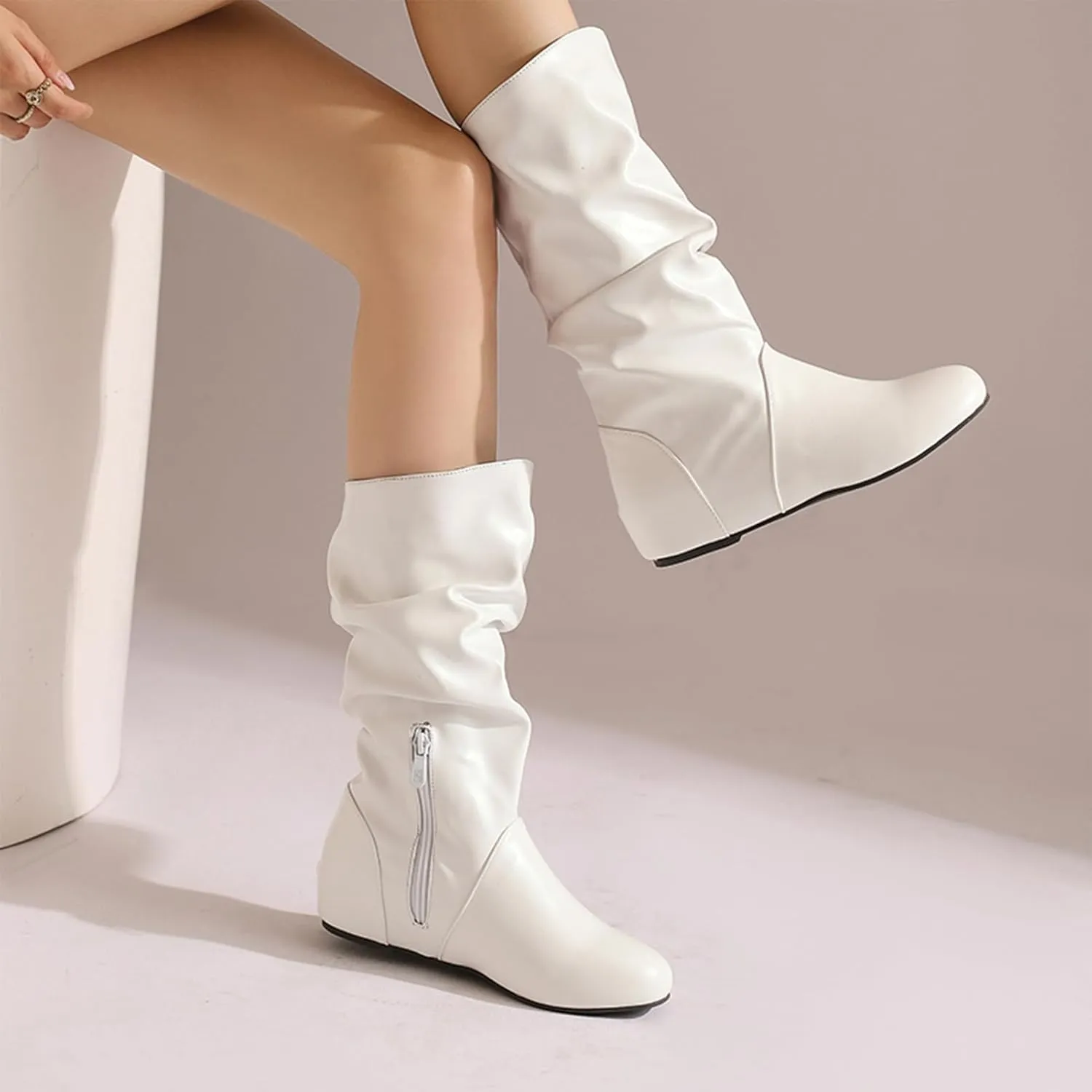 US 5-13.5 Oversize Women Slouch Mid Calf Flat Boots Wedge Low Heel Renaissance Comfort Casual Boots Pull On