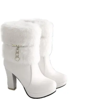 UTIKLIOU Women's Ankle Boots Platform Boots Side Zip Chunky Heel Booties with Fur Round Toe Leather Winter Boots for Women