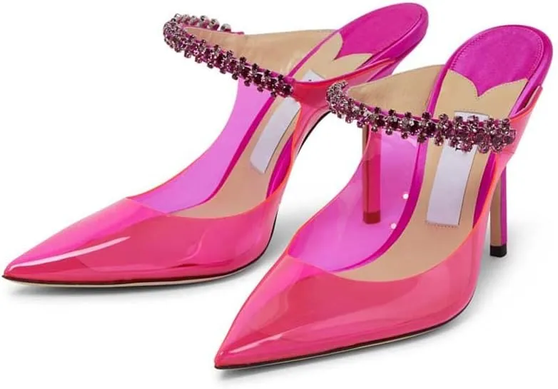 Vertundy Women’s Stiletto Heeled Mules Rhinestone Strap Pointed Toe Slip On Sandals Clear Backless Crystal Bridal Dress Shoes for Lady Wedding Party