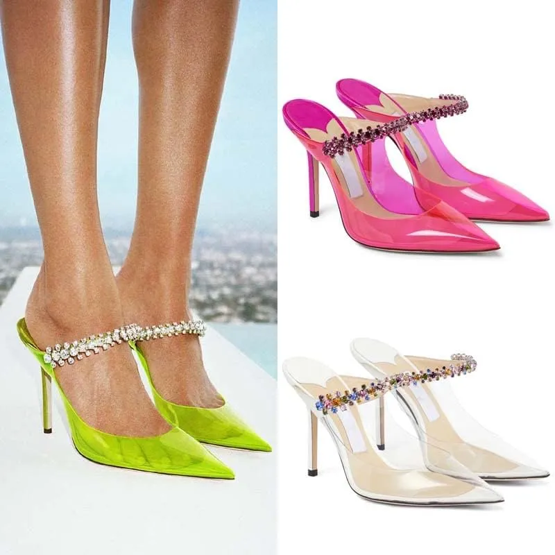 Vertundy Women’s Stiletto Heeled Mules Rhinestone Strap Pointed Toe Slip On Sandals Clear Backless Crystal Bridal Dress Shoes for Lady Wedding Party