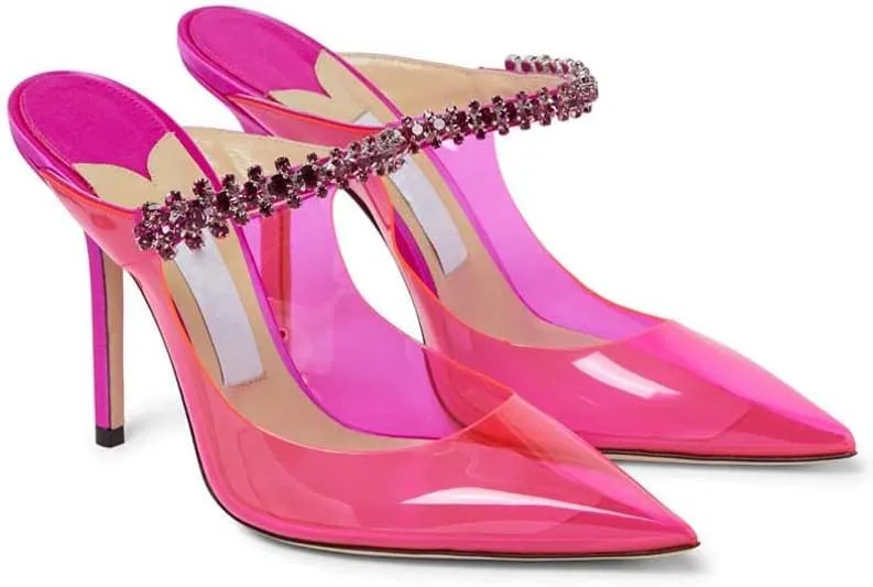 Vertundy Women’s Stiletto Heeled Mules Rhinestone Strap Pointed Toe Slip On Sandals Clear Backless Crystal Bridal Dress Shoes for Lady Wedding Party