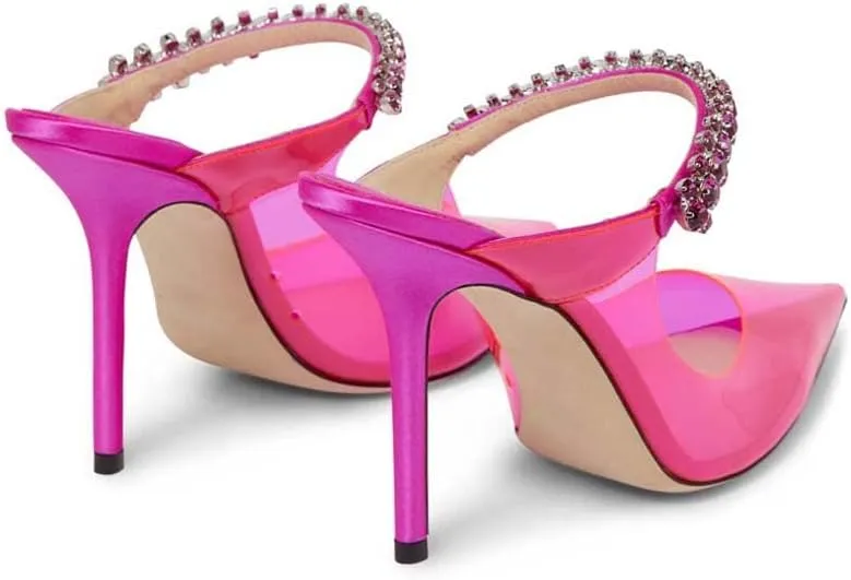 Vertundy Women’s Stiletto Heeled Mules Rhinestone Strap Pointed Toe Slip On Sandals Clear Backless Crystal Bridal Dress Shoes for Lady Wedding Party