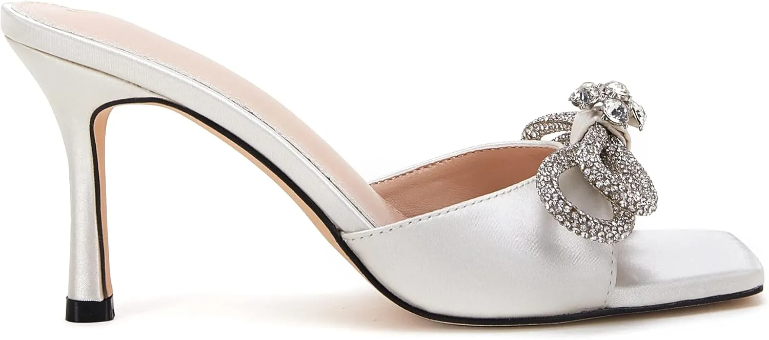 VETASTE Women's Heeled Sandals Square Open Toe Double Bow Satin Mules Heels Wedding Party Slip on Stilettos