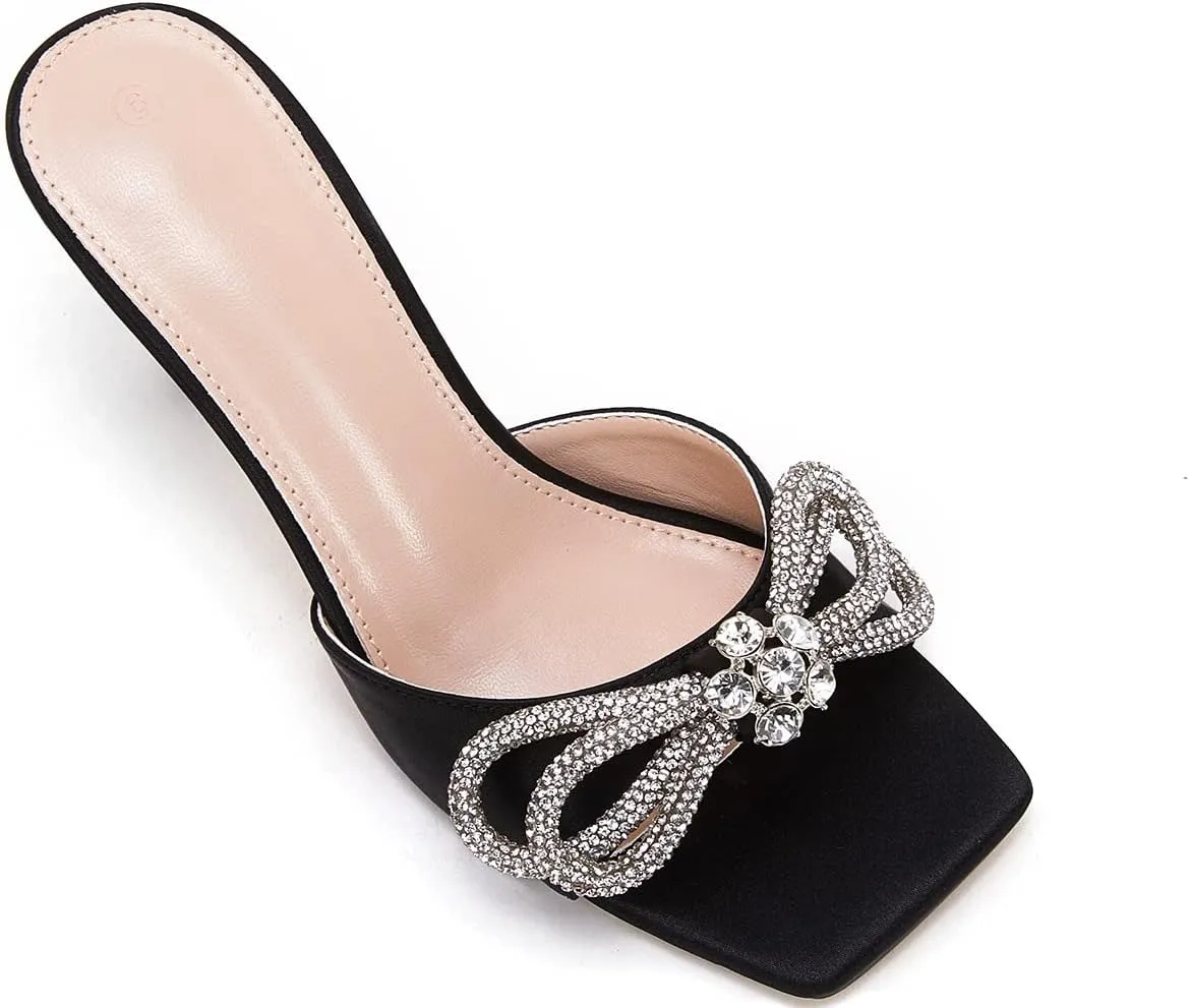 VETASTE Women's Heeled Sandals Square Open Toe Double Bow Satin Mules Heels Wedding Party Slip on Stilettos
