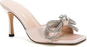 VETASTE Women's Heeled Sandals Square Open Toe Double Bow Satin Mules Heels Wedding Party Slip on Stilettos