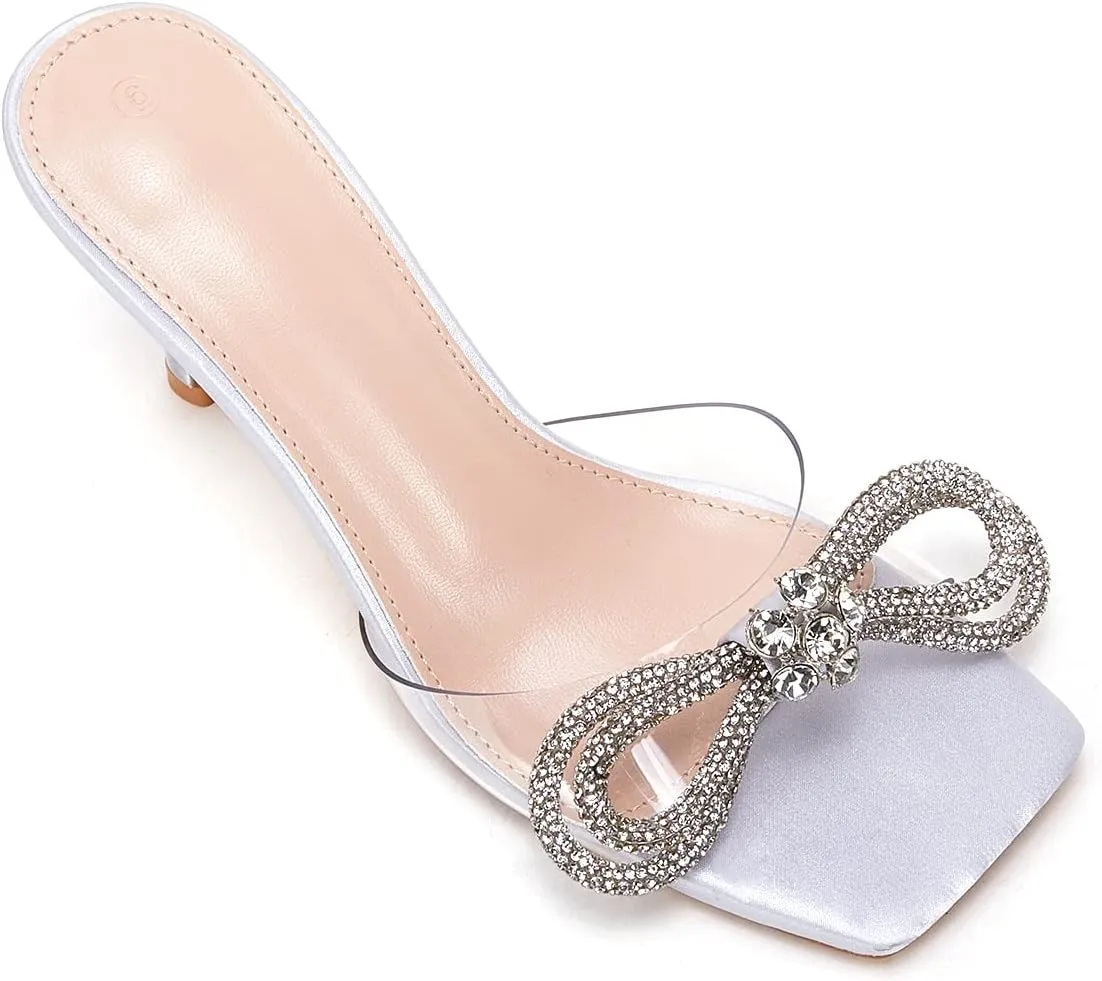 VETASTE Women's Heeled Sandals Square Open Toe Double Bow Satin Mules Heels Wedding Party Slip on Stilettos