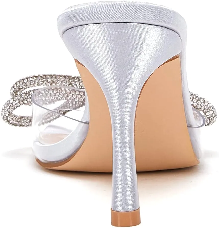 VETASTE Women's Heeled Sandals Square Open Toe Double Bow Satin Mules Heels Wedding Party Slip on Stilettos