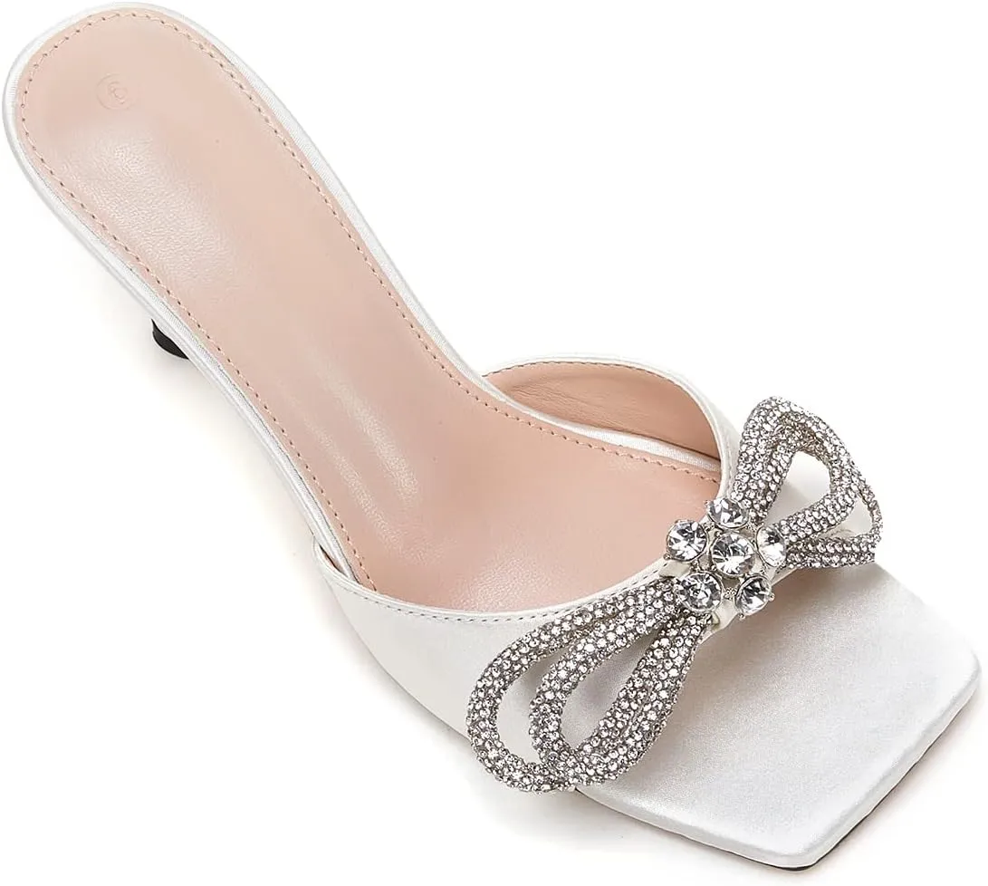 VETASTE Women's Heeled Sandals Square Open Toe Double Bow Satin Mules Heels Wedding Party Slip on Stilettos