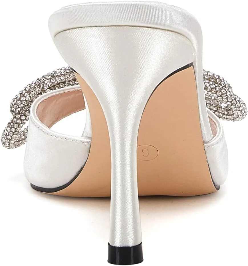 VETASTE Women's Heeled Sandals Square Open Toe Double Bow Satin Mules Heels Wedding Party Slip on Stilettos