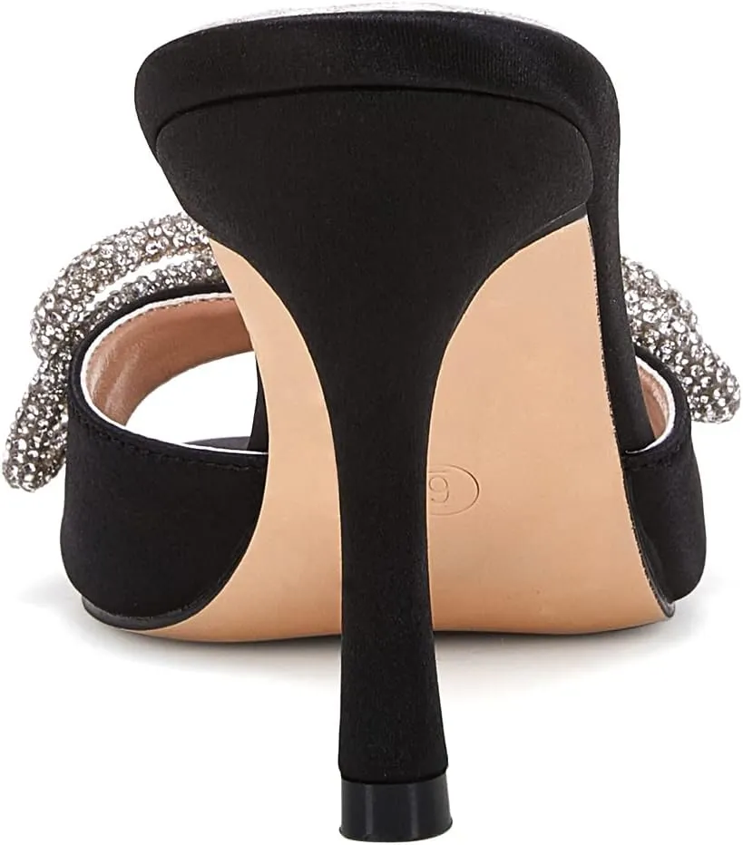 VETASTE Women's Heeled Sandals Square Open Toe Double Bow Satin Mules Heels Wedding Party Slip on Stilettos