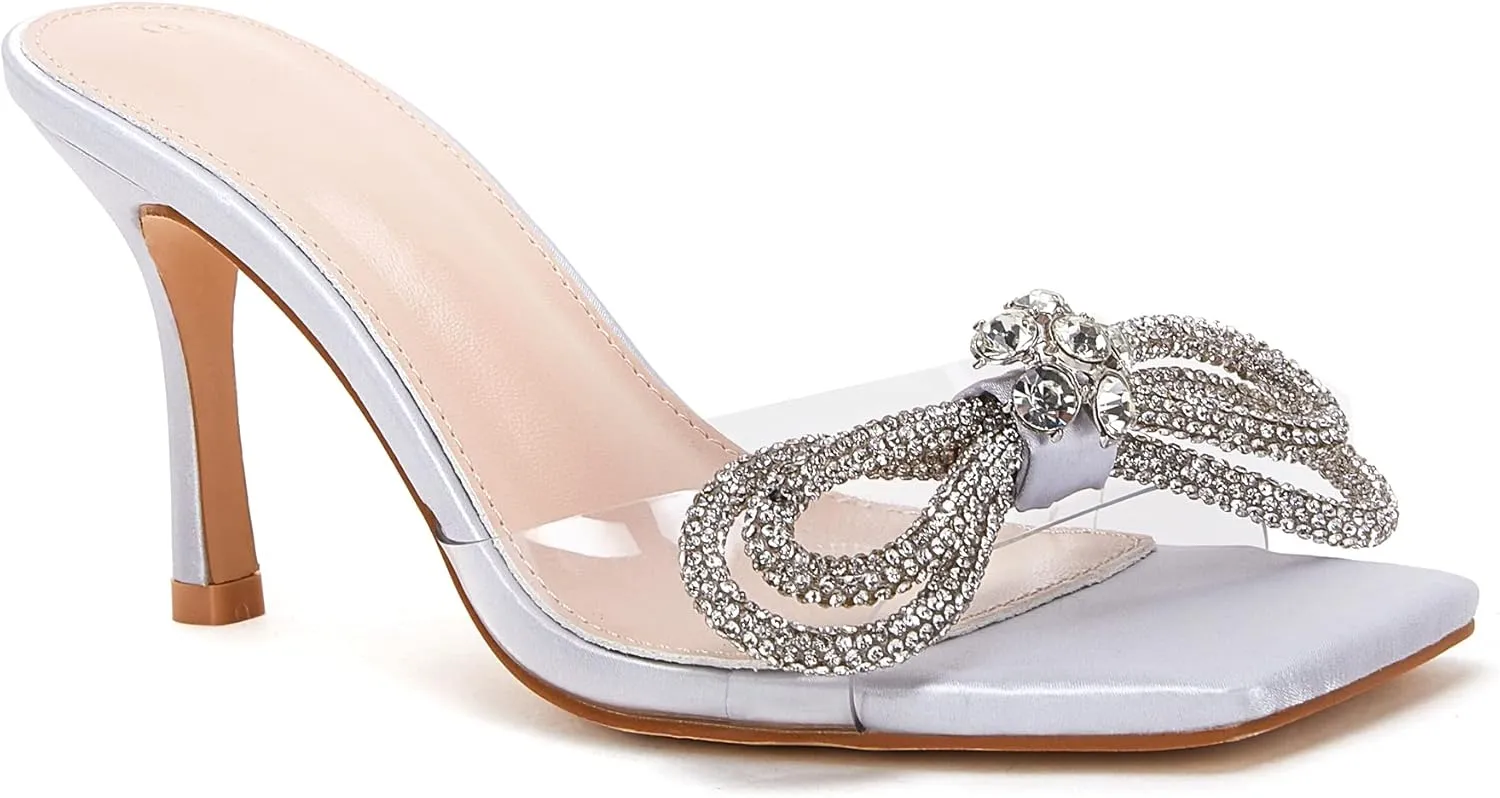 VETASTE Women's Heeled Sandals Square Open Toe Double Bow Satin Mules Heels Wedding Party Slip on Stilettos