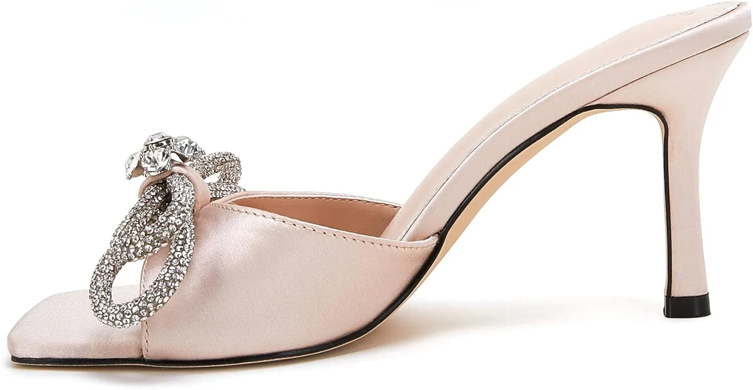 VETASTE Women's Heeled Sandals Square Open Toe Double Bow Satin Mules Heels Wedding Party Slip on Stilettos