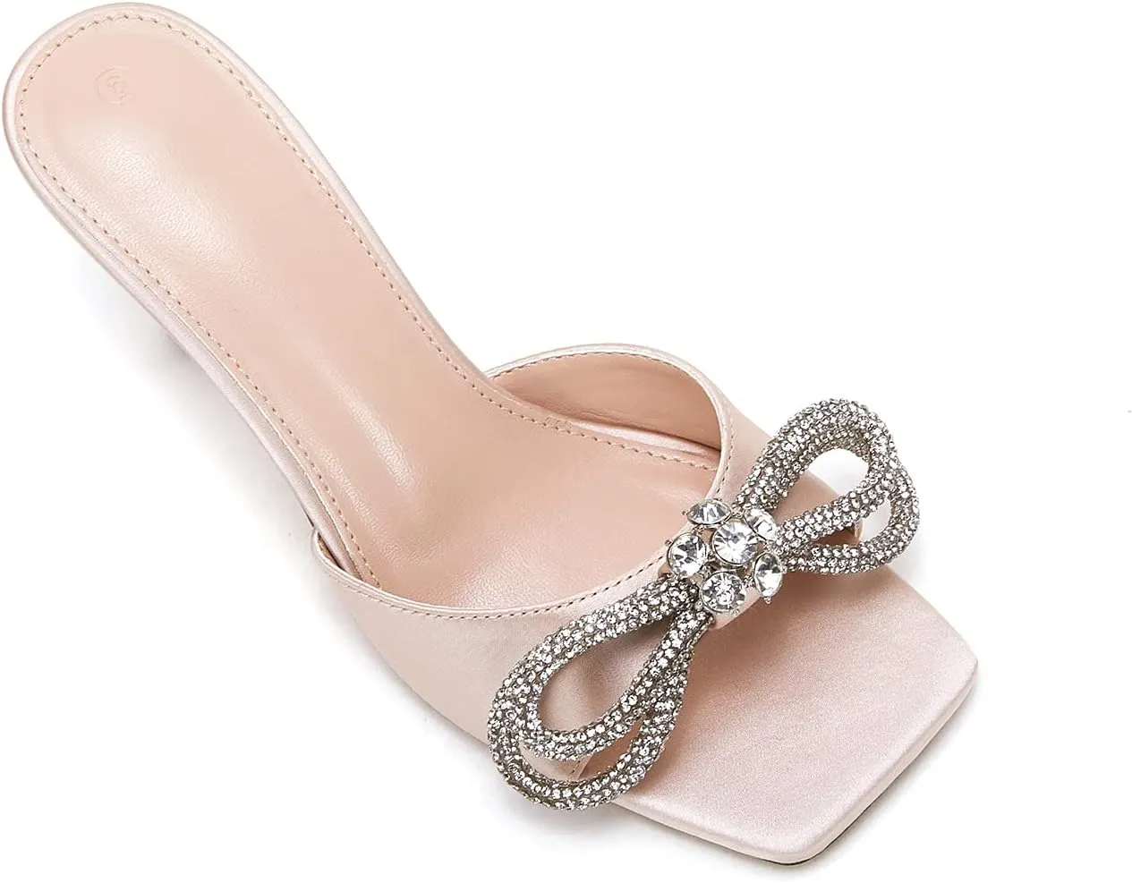 VETASTE Women's Heeled Sandals Square Open Toe Double Bow Satin Mules Heels Wedding Party Slip on Stilettos