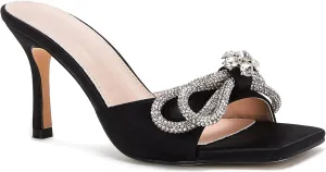 VETASTE Women's Heeled Sandals Square Open Toe Double Bow Satin Mules Heels Wedding Party Slip on Stilettos