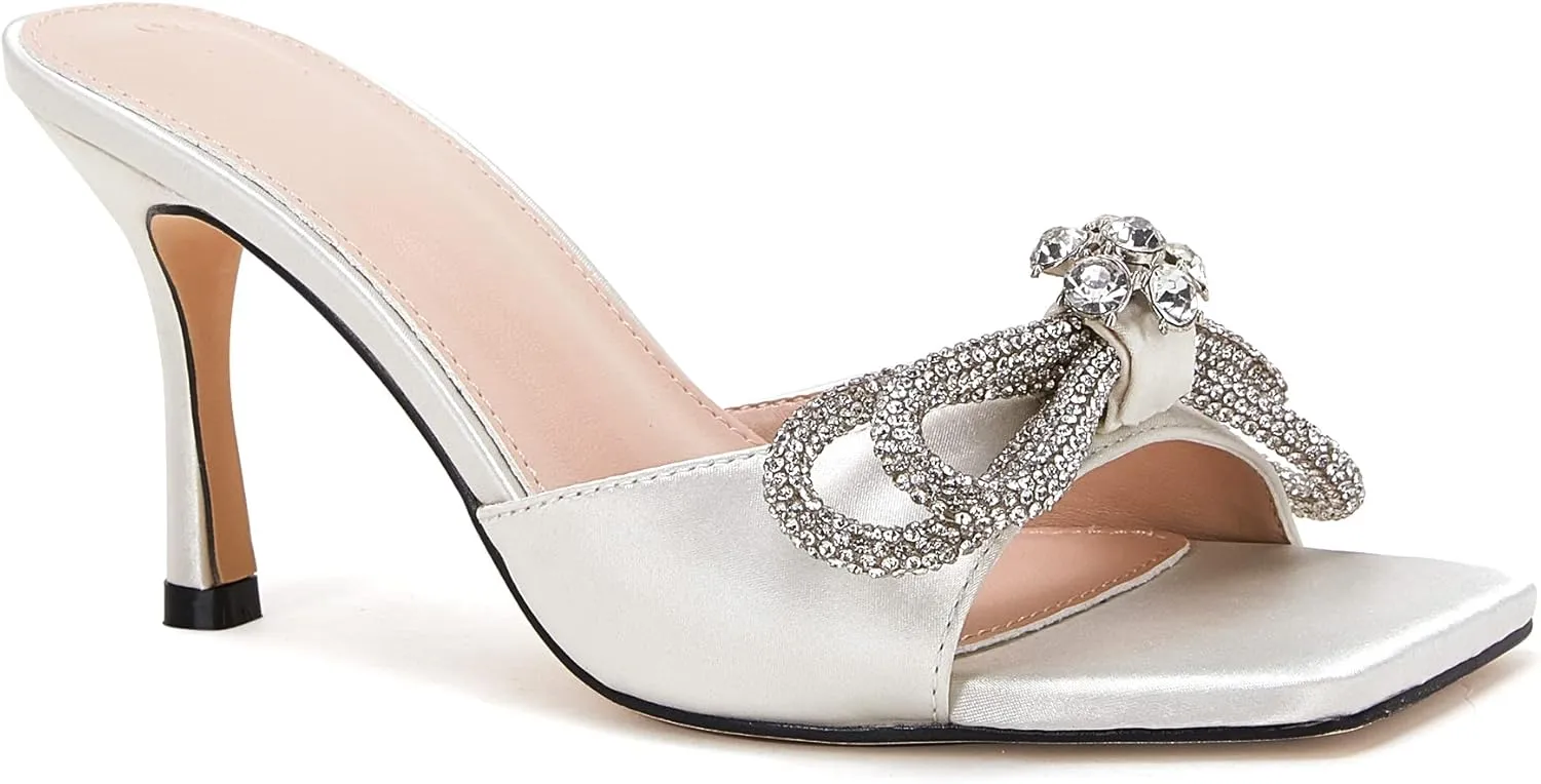 VETASTE Women's Heeled Sandals Square Open Toe Double Bow Satin Mules Heels Wedding Party Slip on Stilettos