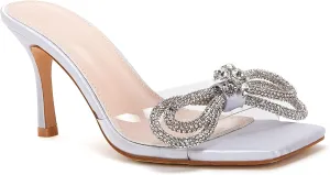 VETASTE Women's Heeled Sandals Square Open Toe Double Bow Satin Mules Heels Wedding Party Slip on Stilettos