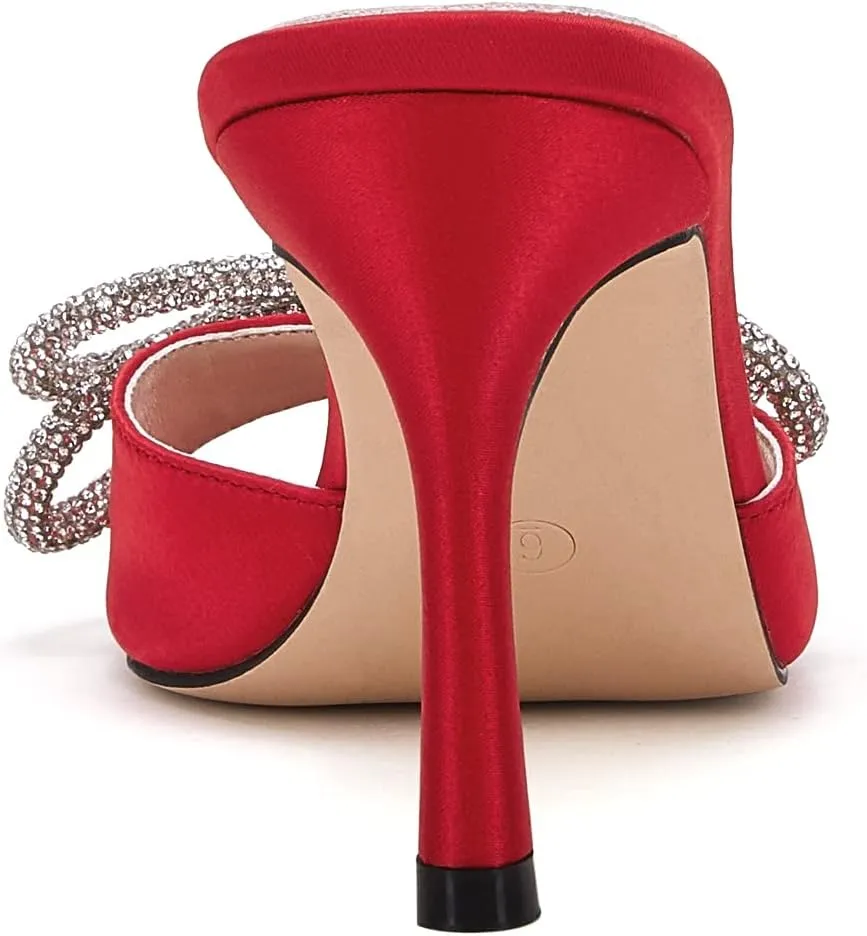 VETASTE Women's Heeled Sandals Square Open Toe Double Bow Satin Mules Heels Wedding Party Slip on Stilettos