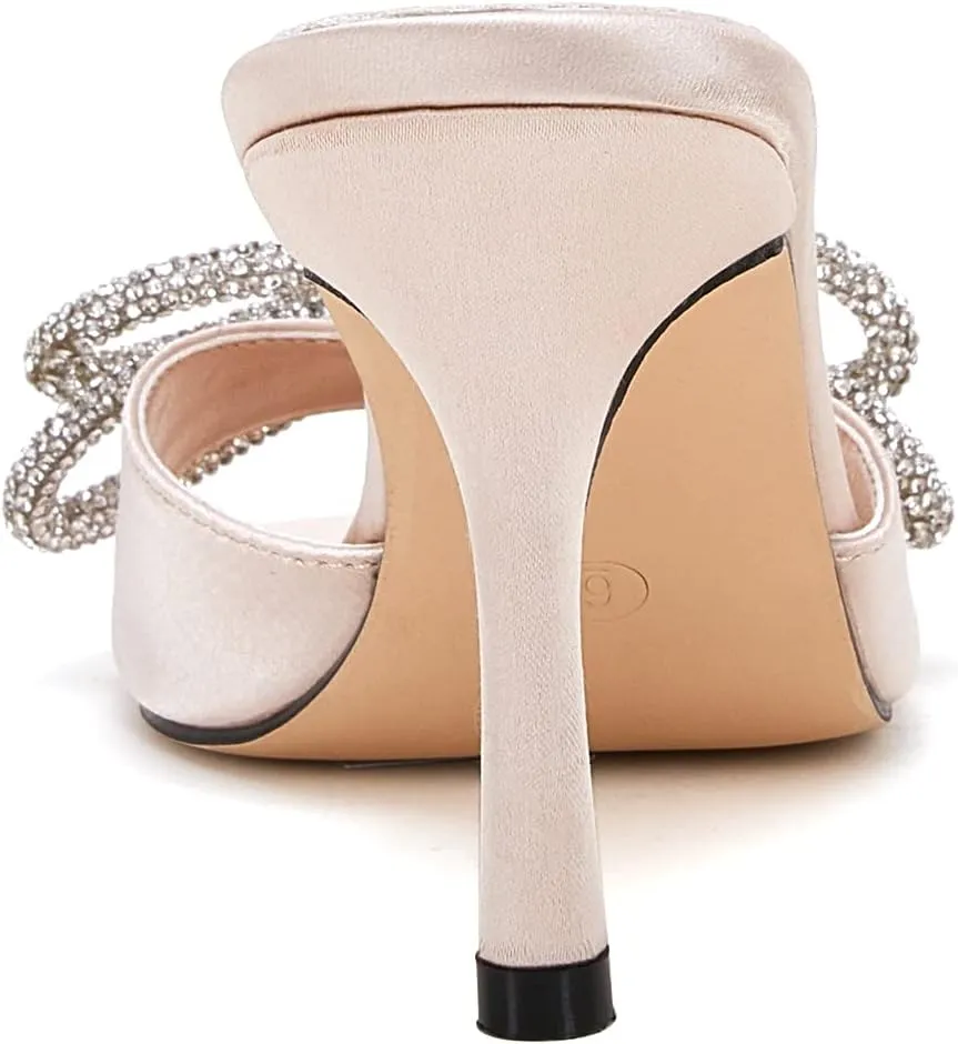 VETASTE Women's Heeled Sandals Square Open Toe Double Bow Satin Mules Heels Wedding Party Slip on Stilettos