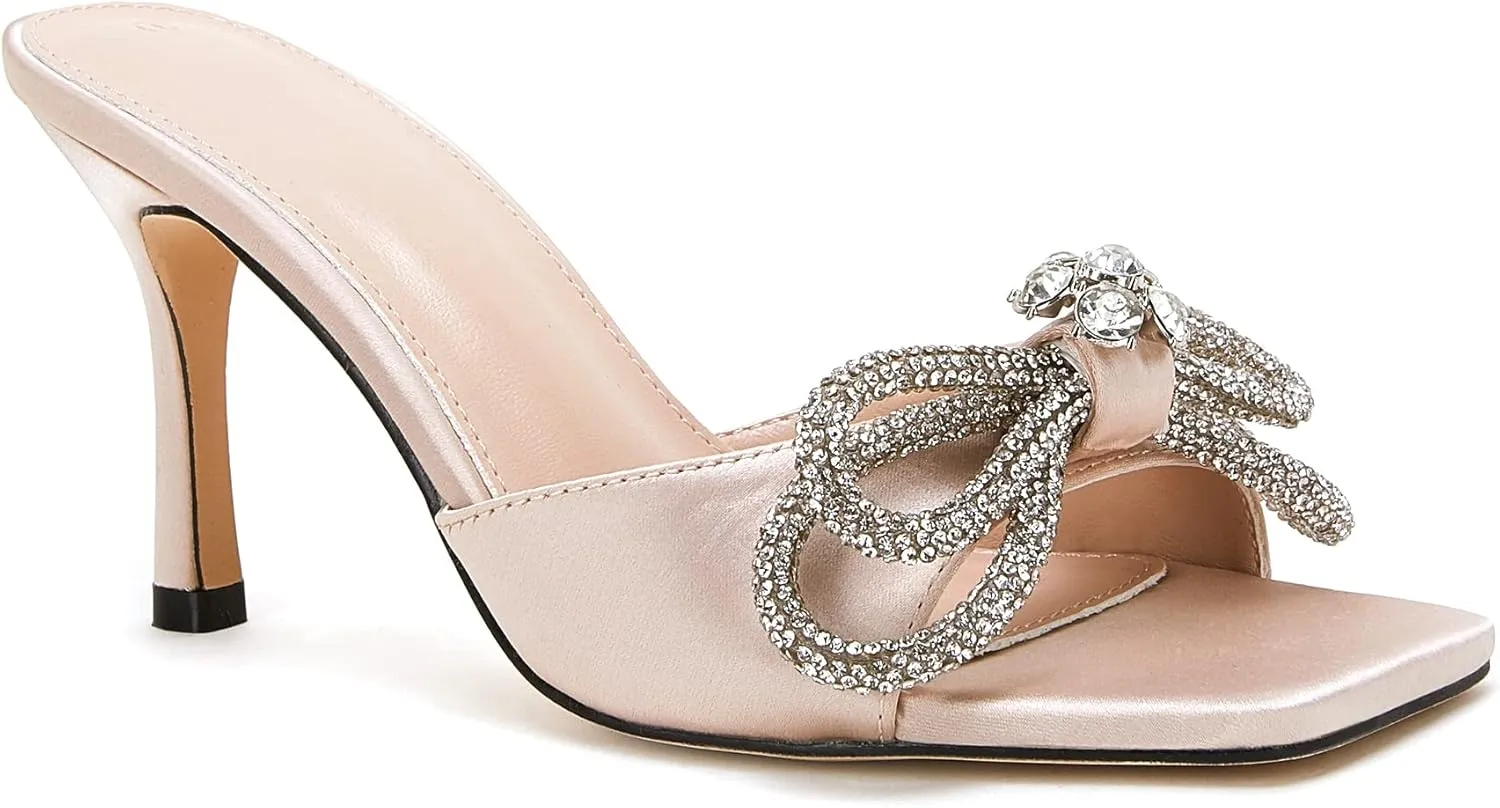VETASTE Women's Heeled Sandals Square Open Toe Double Bow Satin Mules Heels Wedding Party Slip on Stilettos