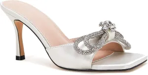 VETASTE Women's Heeled Sandals Square Open Toe Double Bow Satin Mules Heels Wedding Party Slip on Stilettos