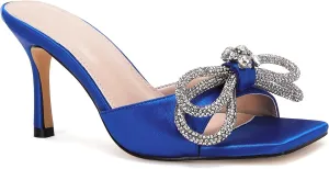 VETASTE Women's Heeled Sandals Square Open Toe Double Bow Satin Mules Heels Wedding Party Slip on Stilettos
