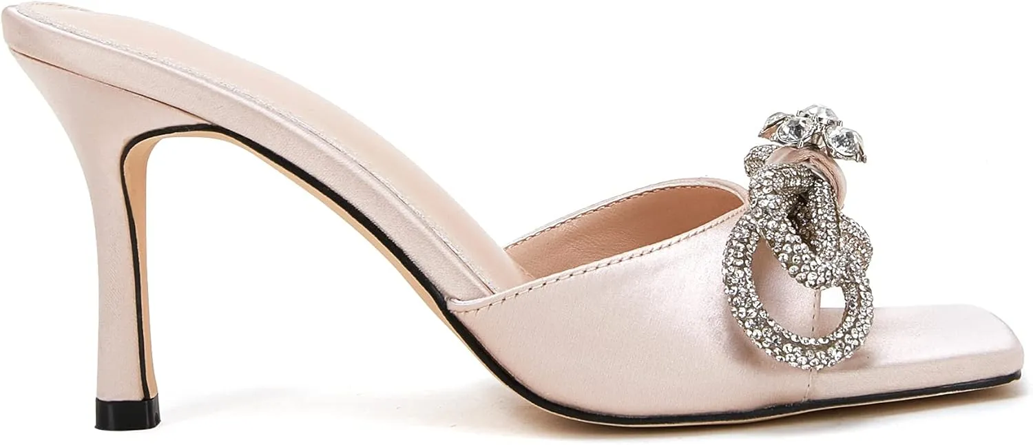 VETASTE Women's Heeled Sandals Square Open Toe Double Bow Satin Mules Heels Wedding Party Slip on Stilettos