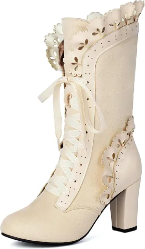 Victorian Boots for Women Vintage Bow Ruffles Goth Boots Costume Lace Up 70S Retro Boots Halloween Witch Stuff Cuban Heel Mid Calf Boots