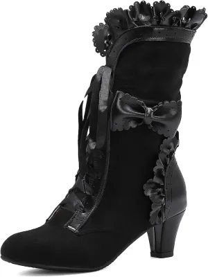 Victorian Boots for Women Vintage Bow Ruffles Goth Boots Costume Lace Up 70S Retro Boots Halloween Witch Stuff Cuban Heel Mid Calf Boots