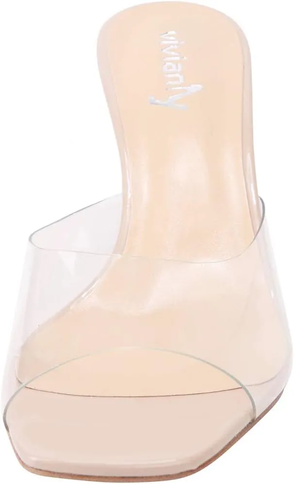 vivianly Womens Clear Heels Sandals Transparent Stiletto Heel Slippers Backless Peep Toe Slip on Heeled Mules