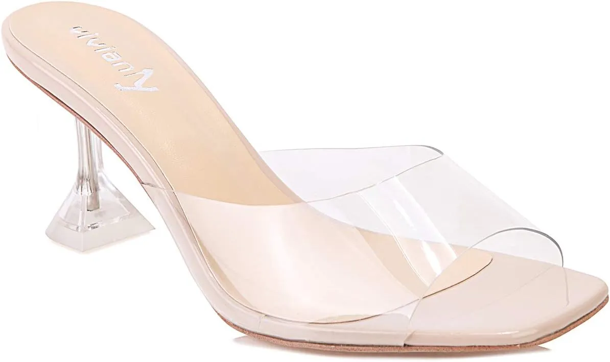 vivianly Womens Clear Heels Sandals Transparent Stiletto Heel Slippers Backless Peep Toe Slip on Heeled Mules