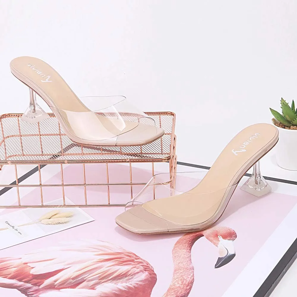 vivianly Womens Clear Heels Sandals Transparent Stiletto Heel Slippers Backless Peep Toe Slip on Heeled Mules