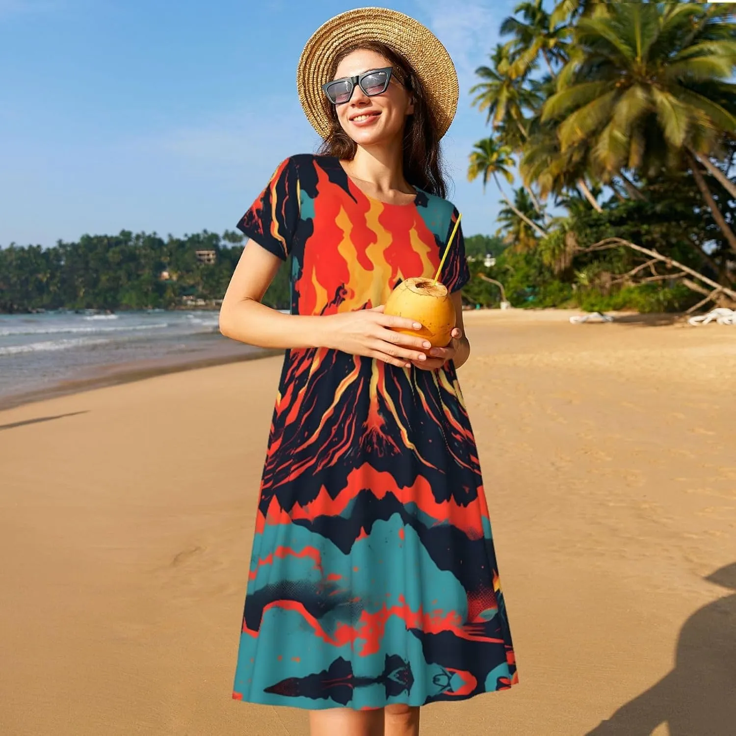 Volcano Women's Summer Casual T Shirt Dress Summer Short Sleeve Swing Dresses S-3xl Graduation Gift