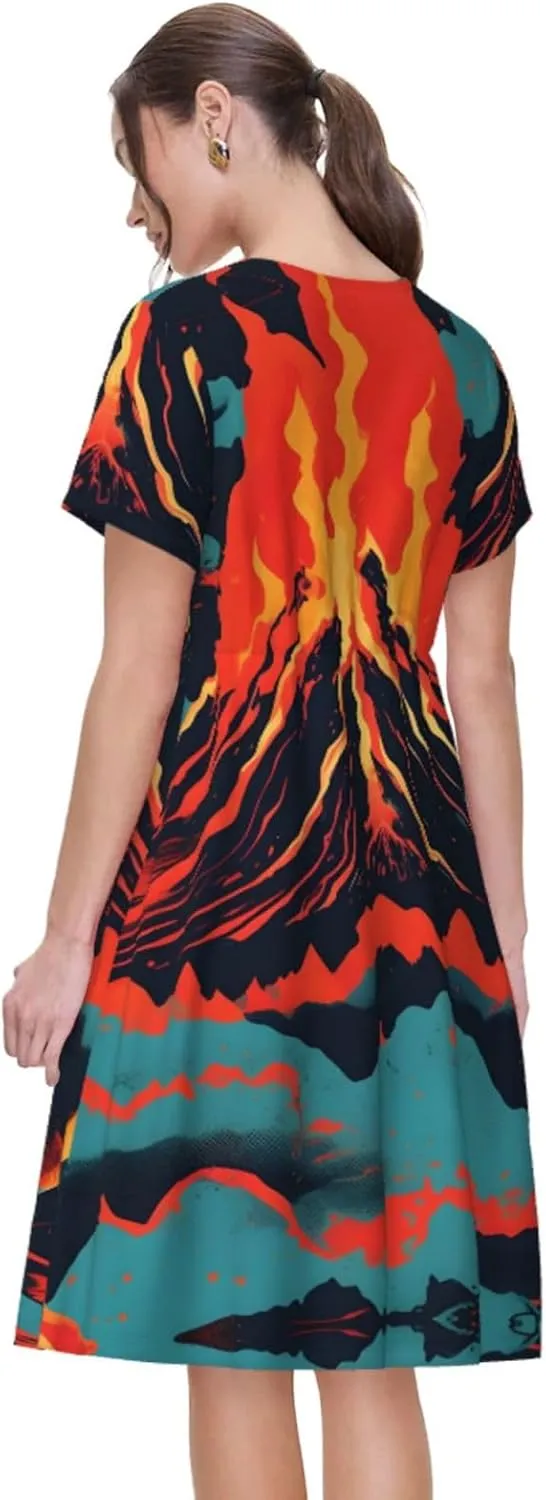 Volcano Women's Summer Casual T Shirt Dress Summer Short Sleeve Swing Dresses S-3xl Graduation Gift
