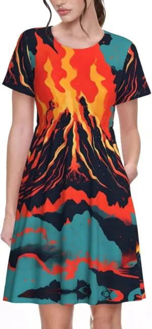 Volcano Women's Summer Casual T Shirt Dress Summer Short Sleeve Swing Dresses S-3xl Graduation Gift