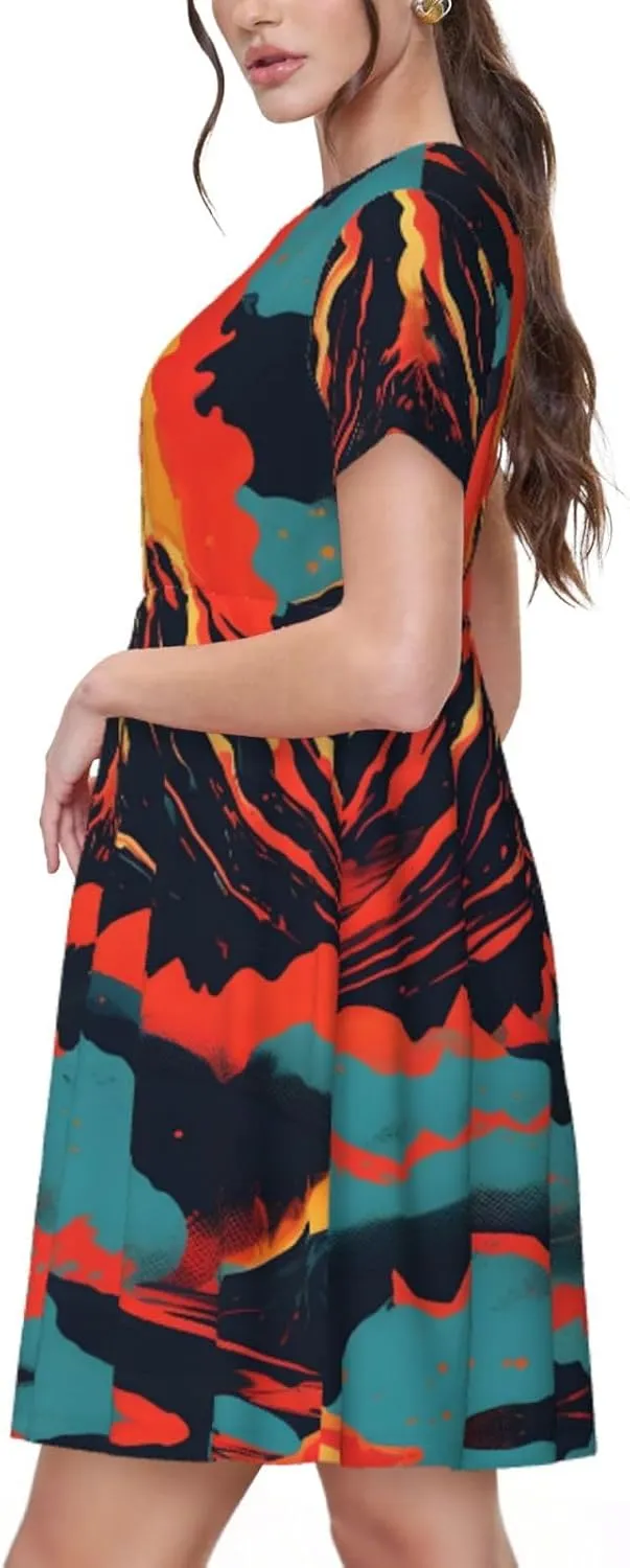Volcano Women's Summer Casual T Shirt Dress Summer Short Sleeve Swing Dresses S-3xl Graduation Gift