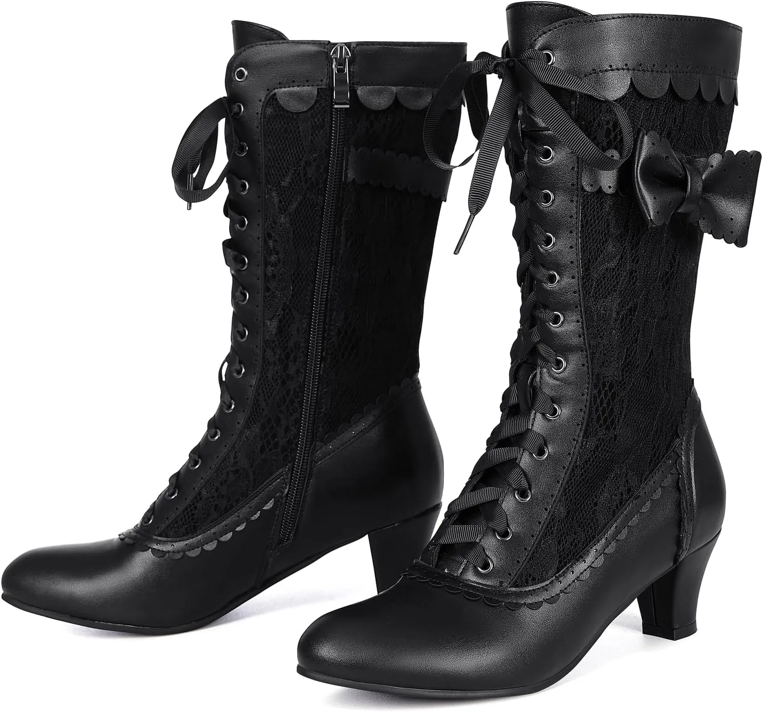 Wavyvigs Women Vintage Victorian Boots Lace Mid Calf Granny Boots Zipper Costume Renaissance Shoes Mid Heel Wedding Dress Boots