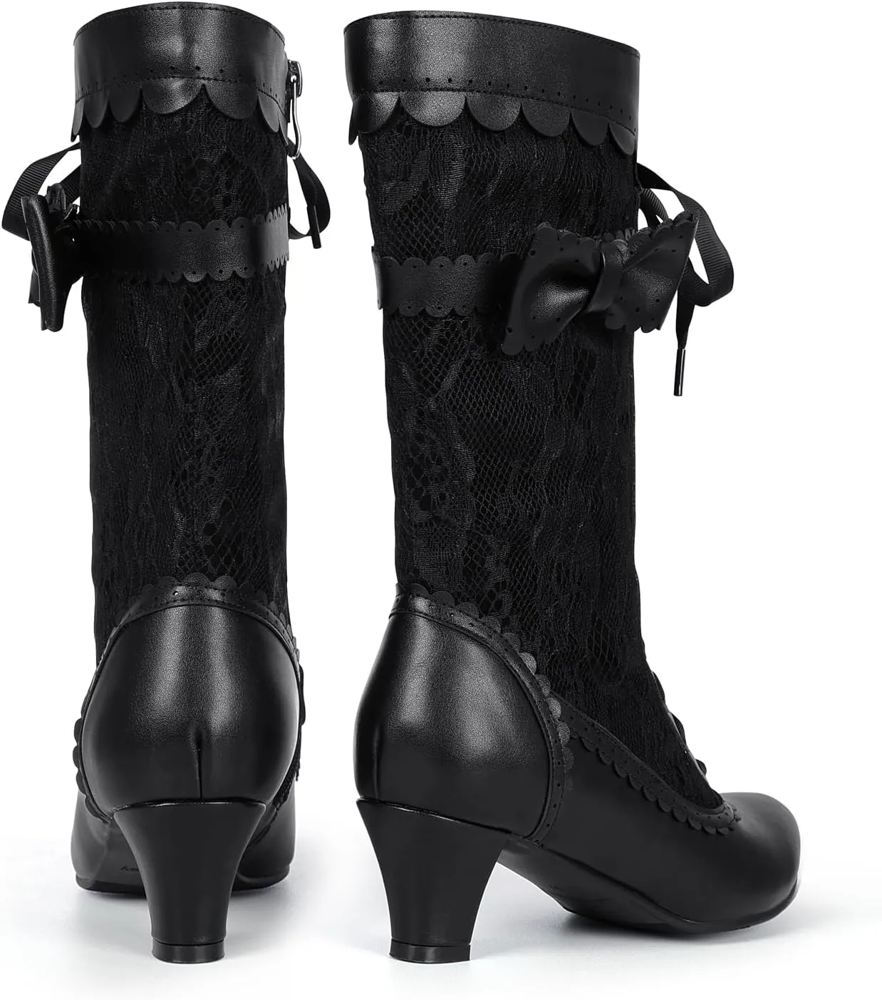 Wavyvigs Women Vintage Victorian Boots Lace Mid Calf Granny Boots Zipper Costume Renaissance Shoes Mid Heel Wedding Dress Boots