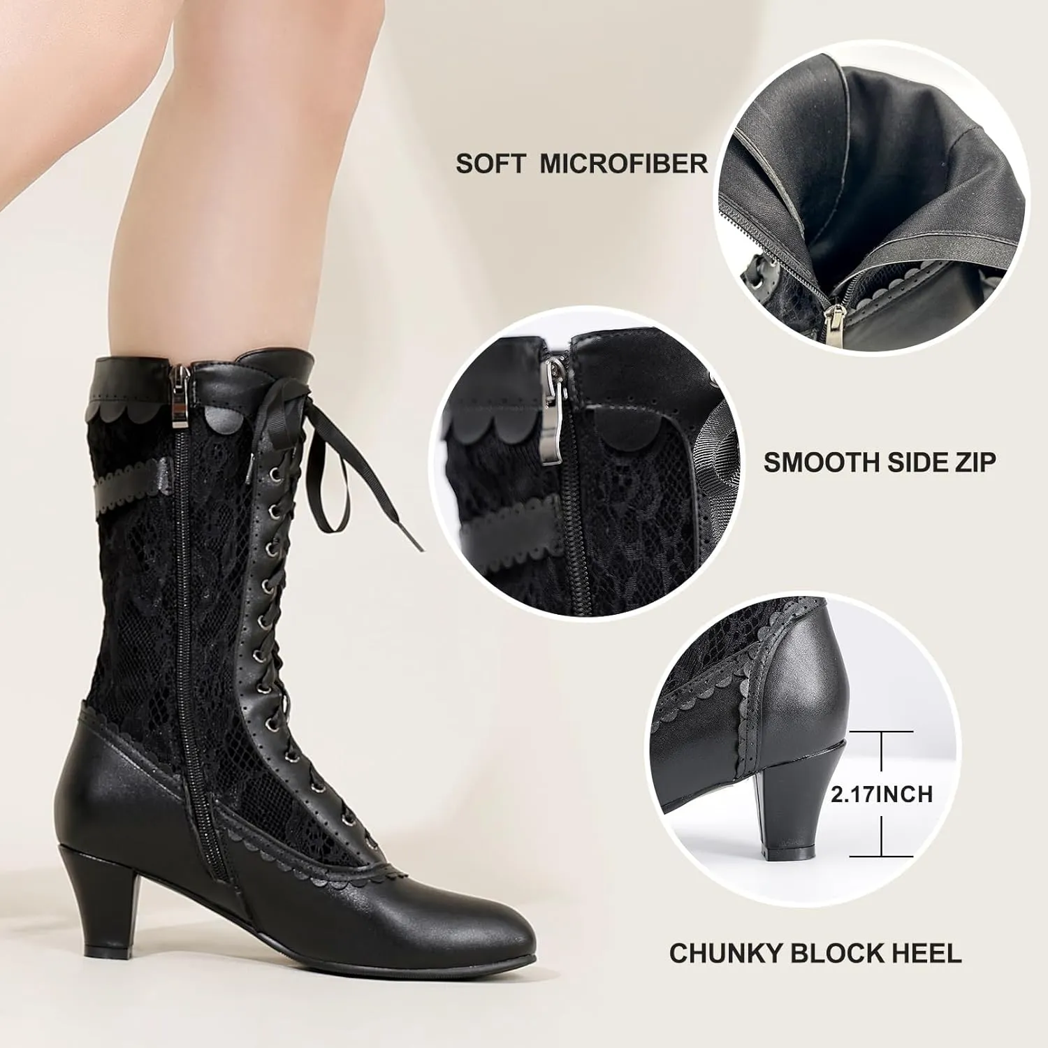 Wavyvigs Women Vintage Victorian Boots Lace Mid Calf Granny Boots Zipper Costume Renaissance Shoes Mid Heel Wedding Dress Boots