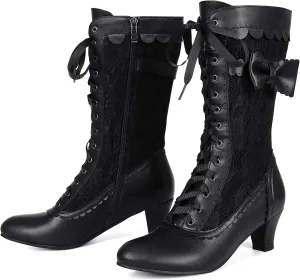 Wavyvigs Women Vintage Victorian Boots Lace Mid Calf Granny Boots Zipper Costume Renaissance Shoes Mid Heel Wedding Dress Boots