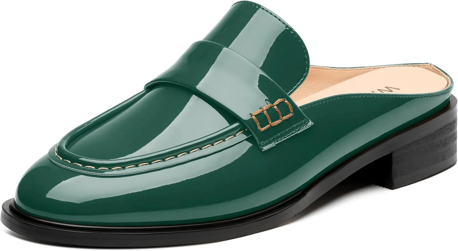 WAYDERNS Mules for Women Low Block Heel Closed Round Toe Patent Slip on Backless Mules Shoes Comfortable Casual Classic Shopping Dating Party Slides Loafer Shoes 1.4 Inch