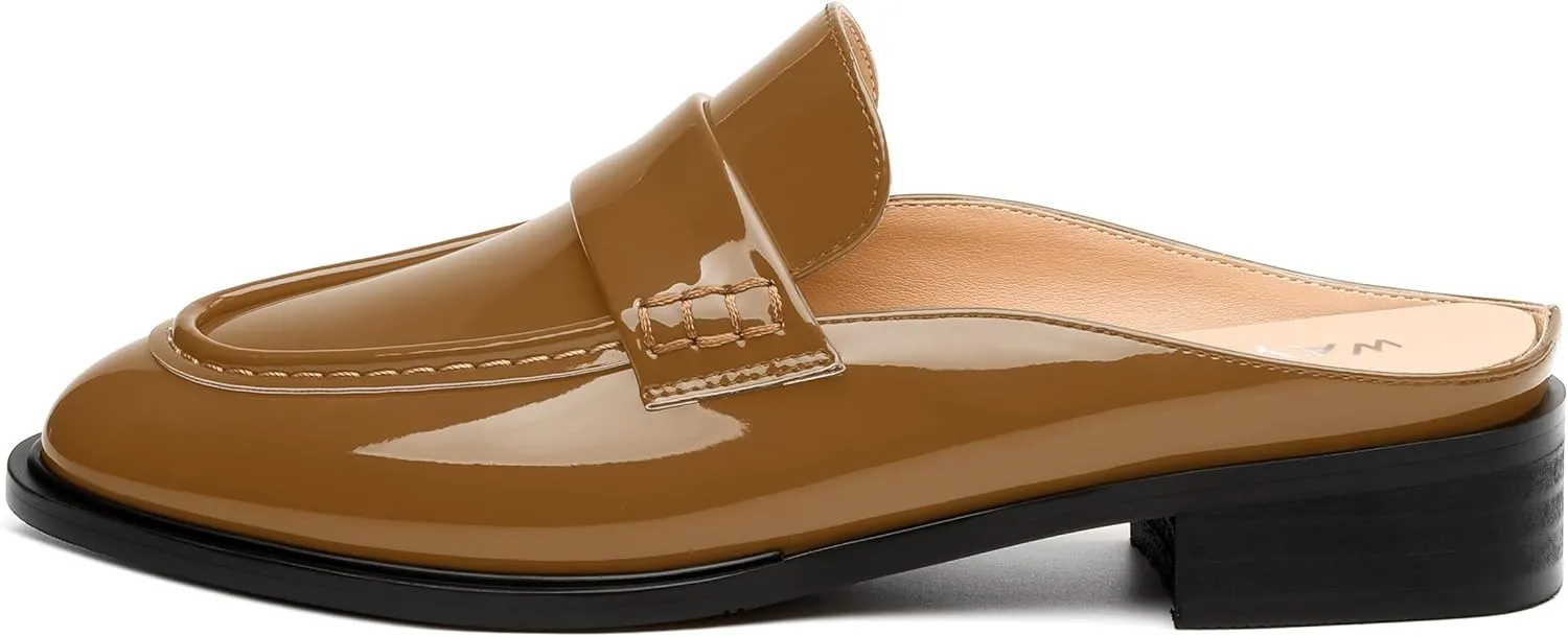 WAYDERNS Mules for Women Low Block Heel Closed Round Toe Patent Slip on Backless Mules Shoes Comfortable Casual Classic Shopping Dating Party Slides Loafer Shoes 1.4 Inch