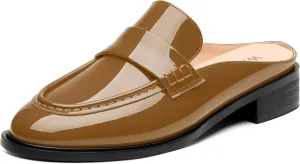 WAYDERNS Mules for Women Low Block Heel Closed Round Toe Patent Slip on Backless Mules Shoes Comfortable Casual Classic Shopping Dating Party Slides Loafer Shoes 1.4 Inch