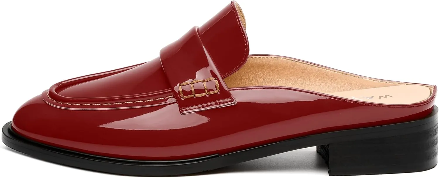 WAYDERNS Mules for Women Low Block Heel Closed Round Toe Patent Slip on Backless Mules Shoes Comfortable Casual Classic Shopping Dating Party Slides Loafer Shoes 1.4 Inch
