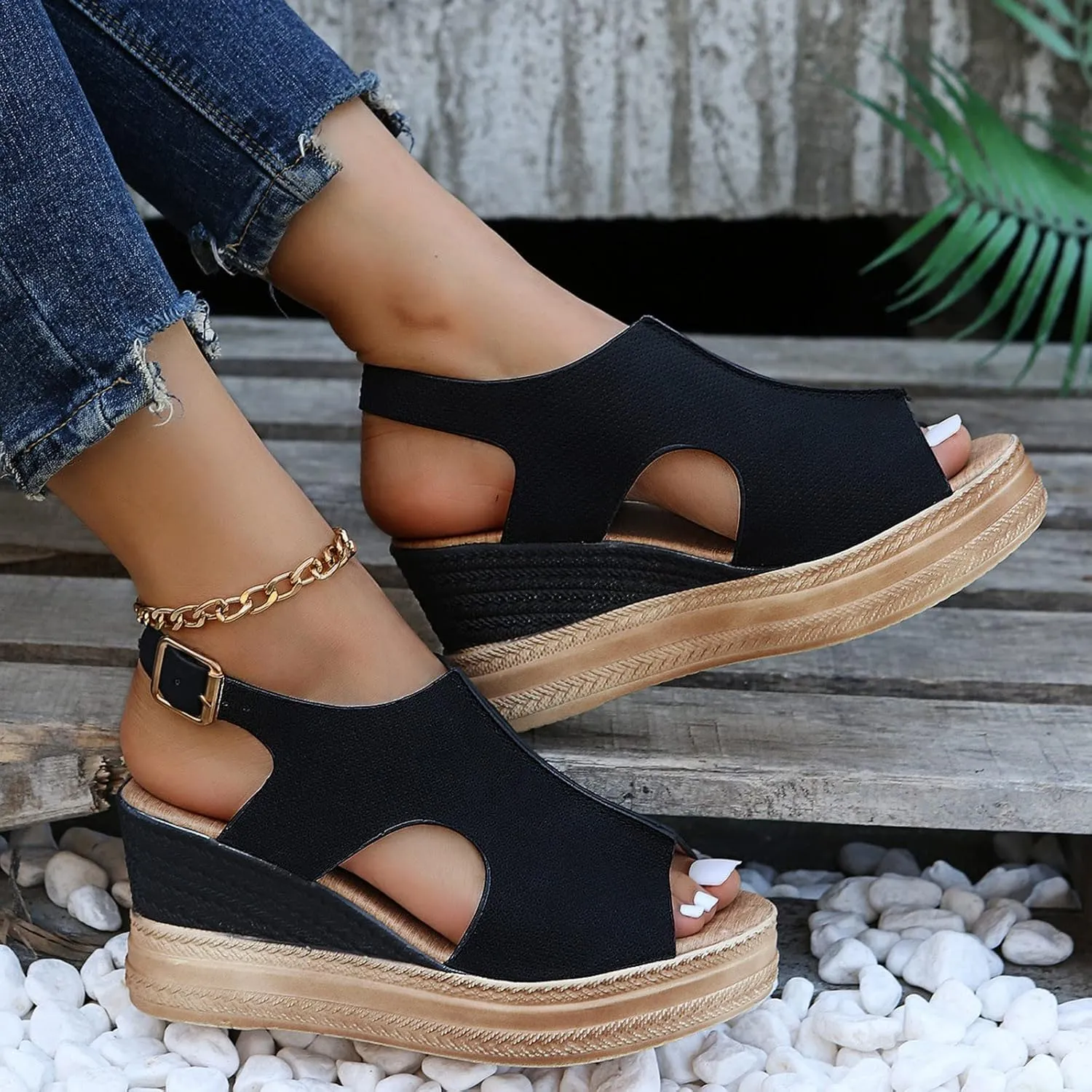 Wedge Sandals for Women Open Toe Buckle Strap Ankle Boots Vintage Hollow Out Platform Sandals Summer Casual Shoes