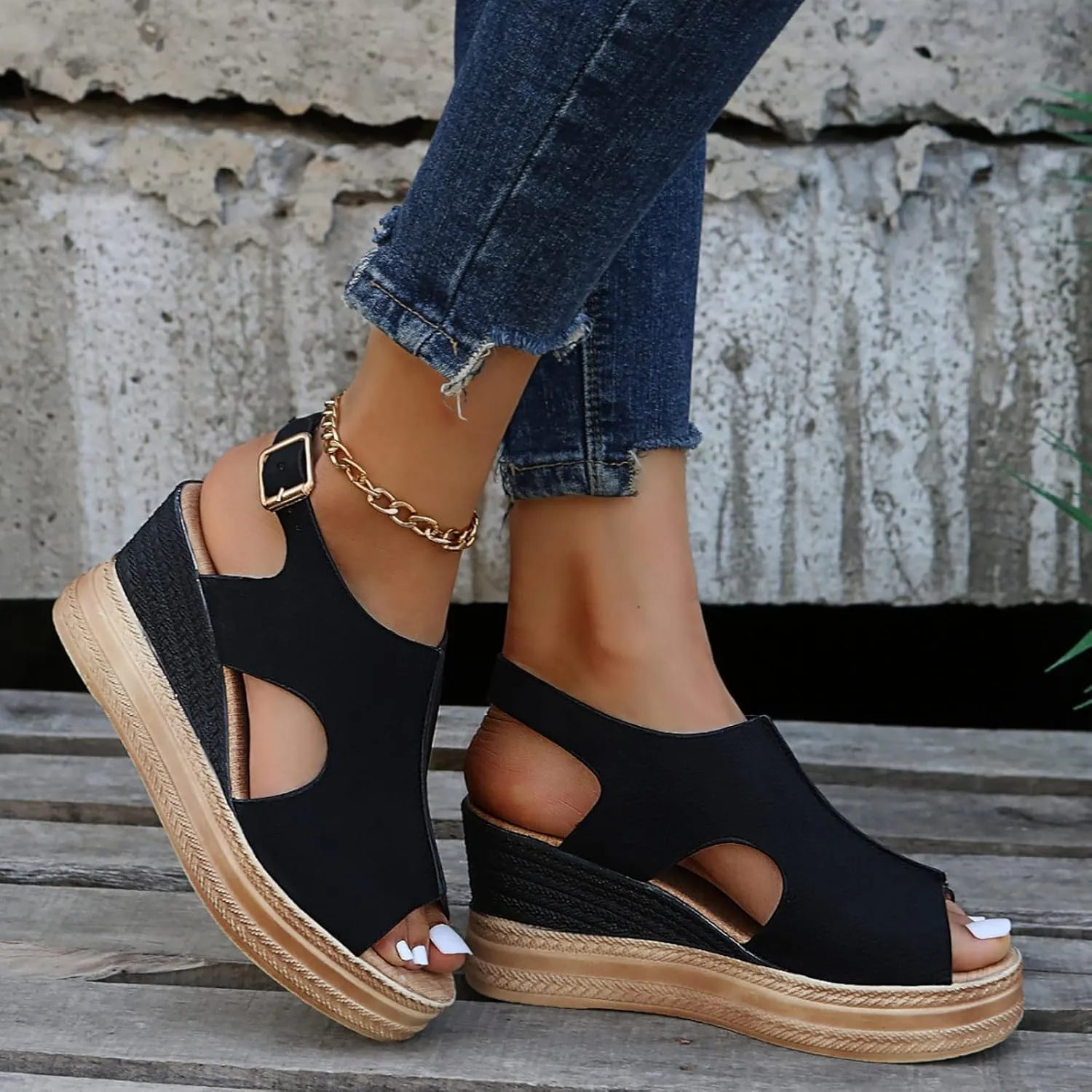 Wedge Sandals for Women Open Toe Buckle Strap Ankle Boots Vintage Hollow Out Platform Sandals Summer Casual Shoes